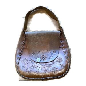 Vintage Leather Tooled Purse with Floral Print Shoulder Bag Ein Schilling